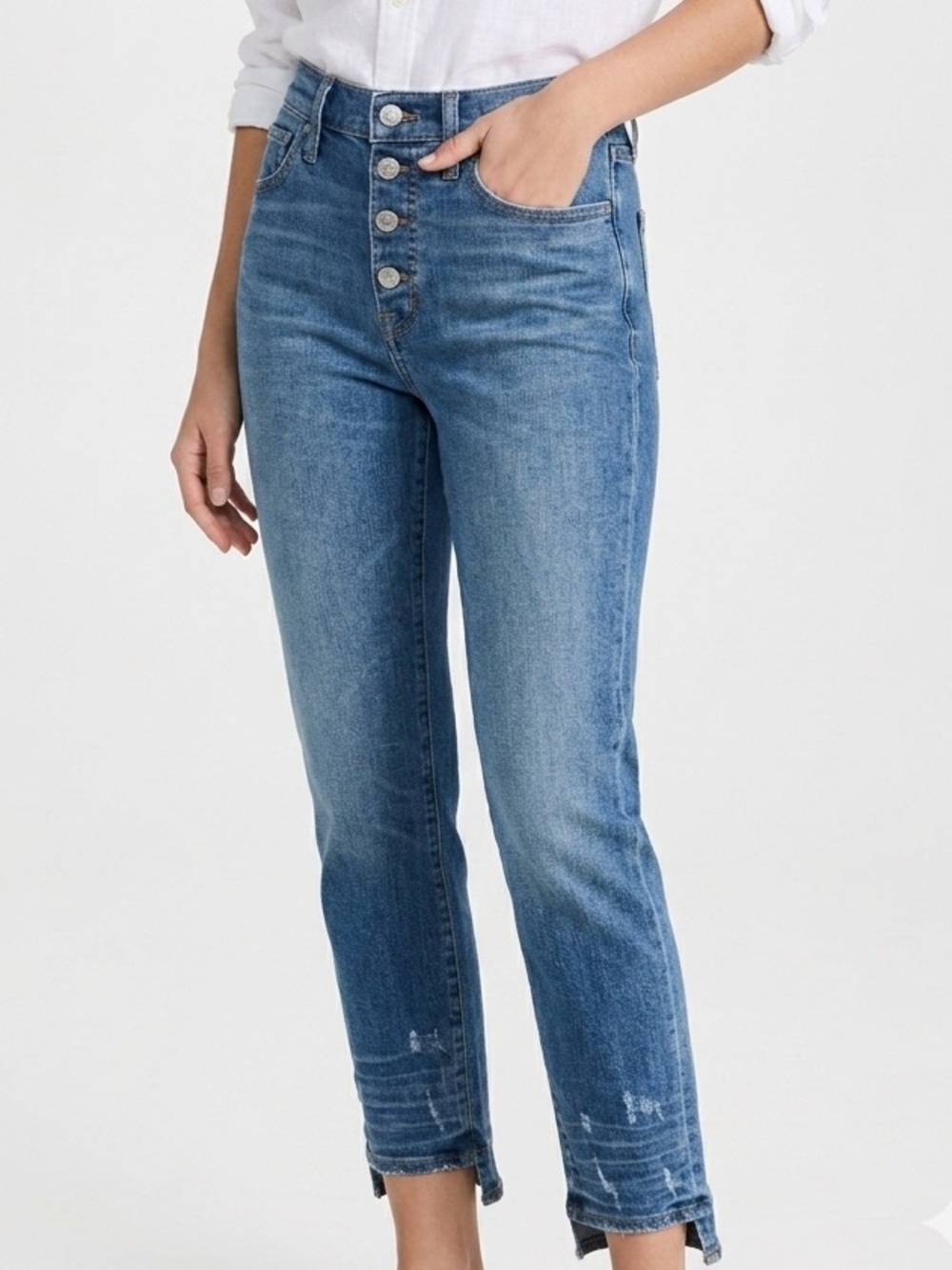 Madewell High Rise Slim Straight Jeans Distressed Button Front Blue Denim 27